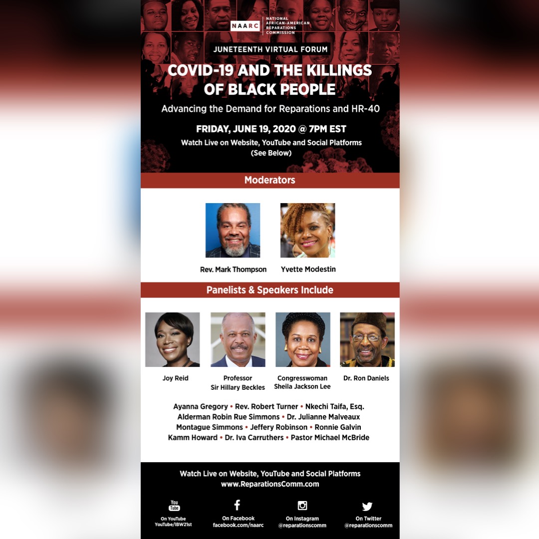 Flyer: Juneteenth Forum to Address COVID-19, Killing of Black People, Reparations and HR-40 — 1080×1080