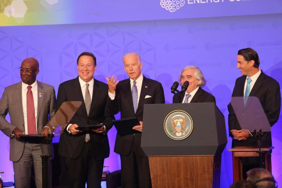 Above: Biden with Caribbean leaders including Trinidad's Keith Rowley and Panama's Juan Carlos Varela