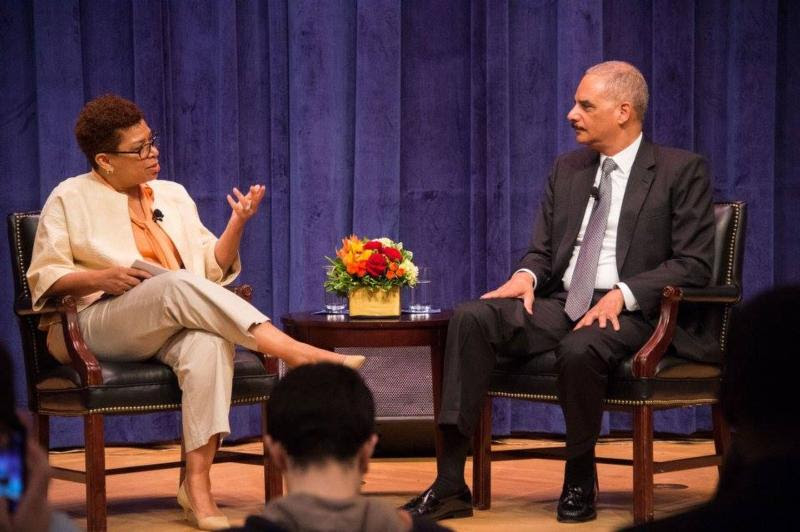 Michel Martin, Emmy Award-winning journalist and weekend host of NPR’s "All Things Considered," asks former U.S. Attorney General Eric Holder a question during an April 29 conversation on "Race and Justice in America" at Georgetown University in Washington. (CNS photo/courtesy Georgetown)