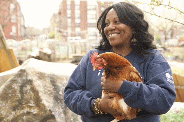 Yonnette Fleming holds a Rhode Island Red hen at the Hattie Carthan Community Garden. Photo by Quincy Ledbetter.