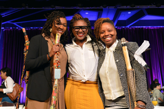 #BlackLivesMatter co-founders Opal Tometi, Alicia Garza and Patrisse Cullors appear onstage during a breakfast honoring them by the New York Women’s Foundation  on May 14, 2015, in New York City.