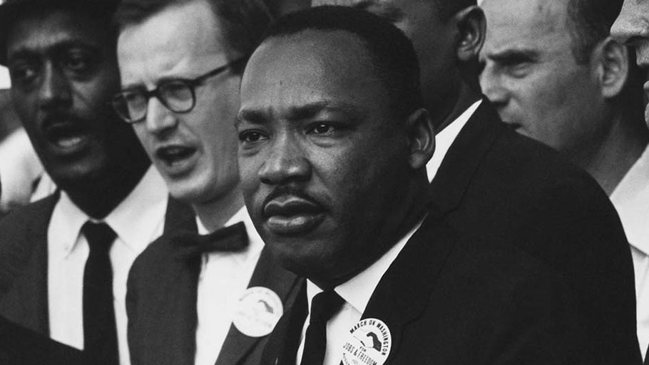 Martin Luther King, Jr., stands next to Mathew Ahmann at the 1963 Civil Rights March in Washington, D.C.