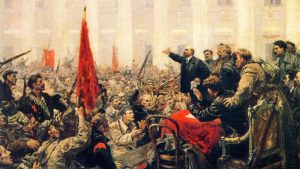 A depiction of Lenin and his supporters by Vladimir Serov.