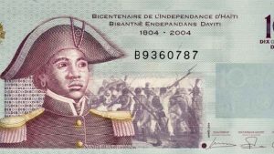 Image of revolutionary solider Sanité Bélair on a bicentennial 1804-2004 Haitian Gourde (monetary unit)