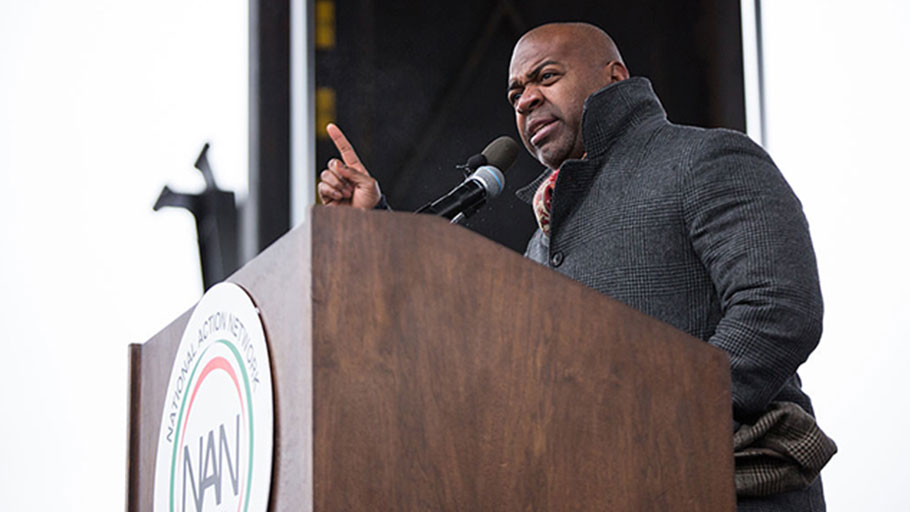 On Saturday, January 14, 2017, in Washington, DC, Ras J. Baraka, Mayor of Newark, New Jersey, addresses the crowd at the We Shall Not Be Moved march.