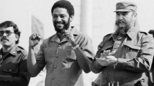 Grenada's Maurice Bishop (C) with Daniel Ortega from Nicaragua and Cuba's Fidel Castro