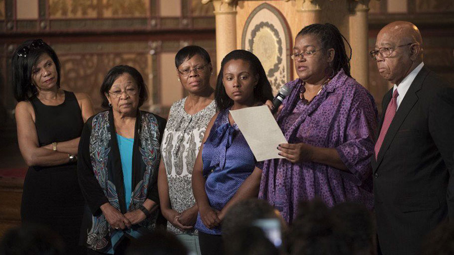 Slave descendants, left to right: Sandra Green Thomas, Patricia Bayonne-Johnson, Zeita Kemp, Melissa Kemp, Karran Harper Royal and Joseph Steward speak at Georgetown University at an April 2017 gathering to announce atonements for the school's 19th century slavery history in Washington.((Linda Davidson, The Washington Post))