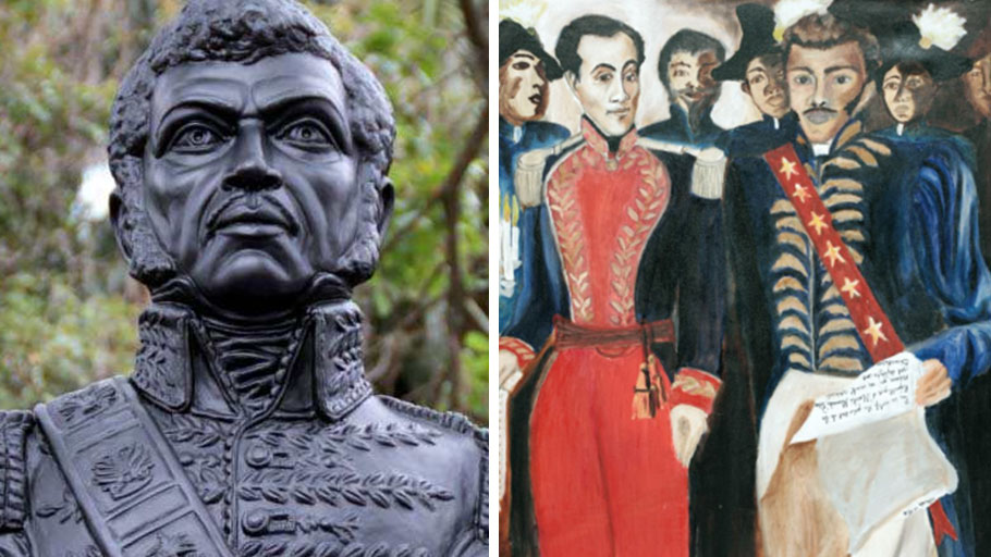 Alexandre Pétion bust by Christian Oviedo, at Townsquare in Avenida Colombia (L) and painting of Alexandre Pétion & Simon Bolivar (R).