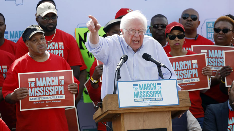 Bernie Sanders at a pro-union rally near Nissan’s Mississippi plant on 4 March 2017