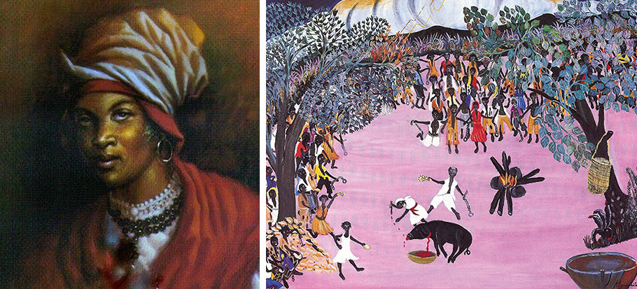 Cécile Fatiman (L) & Painting of Bois Caiman Ceremony by Ernest Prophète (R)