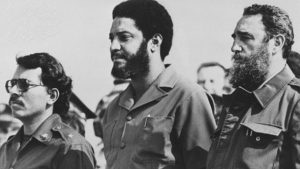 Nicaraguan leader Daniel Ortega, Maurice Bishop, and Fidel Castro at a May 1 celebration in Havana in 1980.