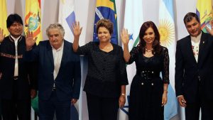 Latin American Presidents. From left to right: Evo Morales (Bolivia), José Mujica (Uruguay), Dilma Rousseff (Brazil), Cristina Fernandez (Argentina), Rafael Correa (Ecuador) in 2014