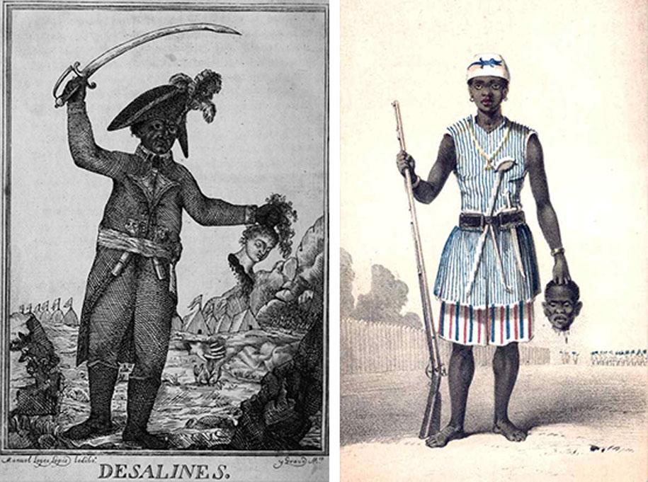 Jean-Jacques Dessalines, leader of the Haitian Revolution and the first ruler (L), Woman Warrior of the Kingdom of Dahomey, (R)