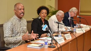 (From L to R) Sir Hilary Beckles, chair of the CARICOM Reparations Commission (CRC) and Vice Chancellor of the University of the West Indies (UWI) speaking at the press conference in Jamaica on Feb. 21. Also speaking at the press conference was Prof. Verene Shepherd, director of the Center for Reparation Research at the UWI, Mr. Michael Henry, Jamaica's Minister of Transportation and Works and Lord Anthony Gifford, member of the Jamaica Reparations Committee.