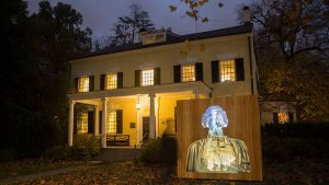 Titus Kaphar’s art installation, Impressions of Liberty, which addresses the 1766 sale of six enslaved people belonging to Princeton president Samuel Finley, outside the Maclean House where the sale took place, Princeton, 2017