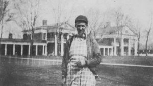 Henry Martin, born into slavery at Thomas Jefferson’s Monticello estate, began working at the University of Virginia in 1850 as a waiter and then a janitor; pictured here on the UVA lawn, 1896