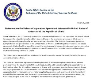 Statement on the Defense Cooperation Agreement between the United States of America and the Republic of Ghana