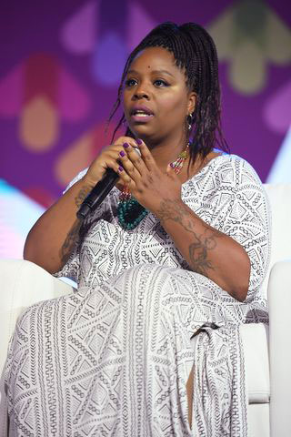 Cullors speaking onstage during the the 2017 ESSENCE Festival in July of 2017, in New Orleans, Louisiana.
