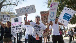 Black Lives Matter protesters march through the streets in response to the police shooting of Stephon Clark in Sacramento, California on March 28, 2018