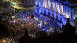 Protesters gather in front of the Municipal Chamber of Rio de Janeiro on March 20 to demonstrate against the killing of Marielle Franco six days earlier.