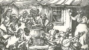 “Slaves at home, after the day’s work was over. Negroes always have been fond of singing and dancing; and the banjo has been a favorite musical instrument with them.” (Drawing by Hanson Booth) in Fremont P. Wirth, The Development of America (Boston, New York, Atlanta: American Book Company, 1937), 352.