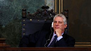 Cuba's First Vice-President Miguel Diaz-Canel listens to Vietnam's Communist Party Secretary General Nguyen Phu Trong at University of Havana.