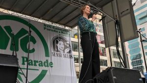 New York gubernatorial candidate Cynthia Nixon speaks at the NYC Cannabis Parade at Union Square Park on May 5, 2018.