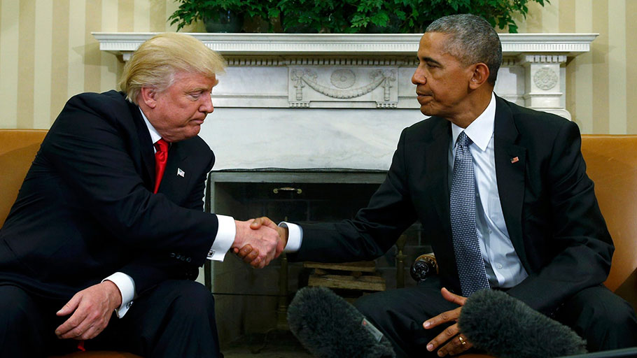President Barack Obama greets President-elect Donald Trump in the White House Oval Office on 10 November 2016.