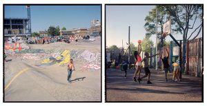 A boy rides his scooter and teenagers play basketball at Brixton parks.