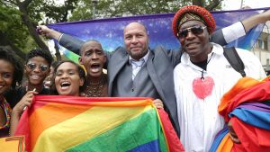 Activist Jason Jones celebrating with others after Trinidad and Tobago’s High Court ruled against the country’s anti-homosexual laws, outside the Hall of Justice, Port of Spain, Trinidad and Tobago, April 12, 2018