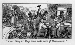 Abolitionist cartoon satirizing the racism of the enlsavers of Blackfolk.