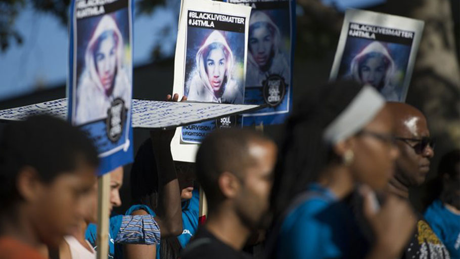 Demonstrators prepare to march to protest the acquittal of George Zimmerman in the killing of Florida teen Trayvon Martin, July 17, 2013 in Beverly Hills, California.