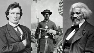 Left to right: Radical Republican Thaddeus Stevens; an African-American soldier in the Union Army; abolitionist Frederick Douglass