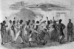 A depiction of a Jubilee celebration in 1863 when enslaved Blackfolk got word that they are no longer chattel slaves. An event that Frederick Douglass helped to fight for and lived to see.