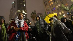 The author, Patrisse Cullors, speaks to people gathered to protest the Los Angeles Police shooting of a homeless man on March 1, 2015 in Los Angeles, California.