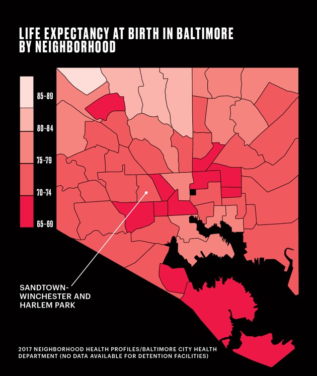 Life expectancy at birth in Baltimore by neighborhood.