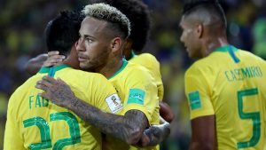 Neymar da Silva Santos Júnior, center, celebrating a goal with his teammates during Brazil’s World Cup match against Serbia on Wednesday.