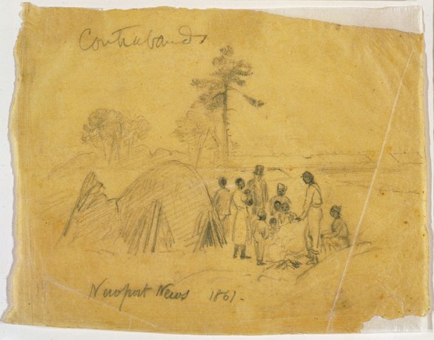 Contraband camp in Newport News, Virginia. Credit: Alfred Waud, 1861, Morgan collection of Civil War drawings