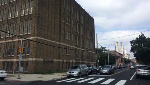 From the Pierce School at Cambria Street, you can see the Veolia Steam plant on the Schuylkill waterfront.