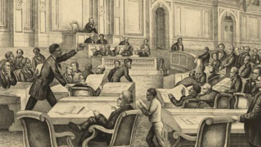 In the main image, Congressmen Robert B. Elliott of South Carolina delivers a speech on civil rights to the House of Representatives. January 6, 1874.