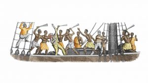 John Warner Barber’s 1840 engraving of the rebellion. Though the violence of the imagery upset abolitionists, it is sympathetic to the rebels. The Africans are individualised as the artist had met and drawn them in New Haven prison. Cinque is on the left with a raised machete. The cabin boy Antonio is keeping out of the fight in the rigging on the far left, as he did in the real rebellion. The cook’s body can be seen in the background.