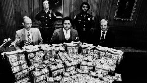 Maynard Jackson in 1981 posing with reward money offered for information on the Atlanta child murders.