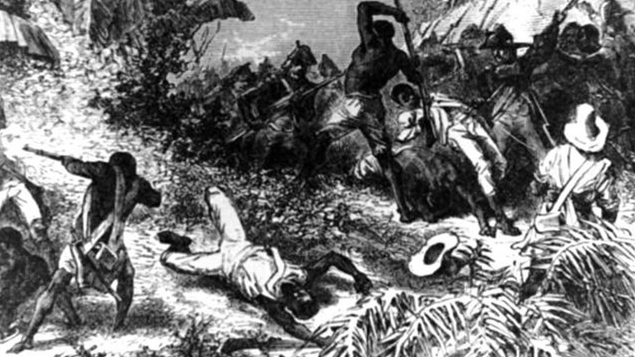 Rebellious slaves battle French troops in Saint Domingue, now Haiti