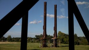 Smokestacks at the former Imperial Sugar company in Sugar Land, Texas.