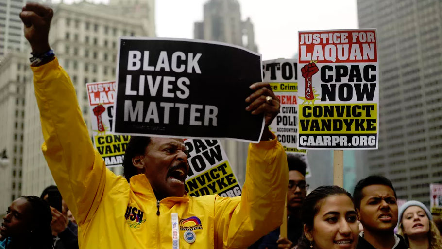 A 2018 demonstration in Chicago supporting the conviction of police officer Jason Van Dyke, who shot 17-year-old Laquan McDonald in 2014