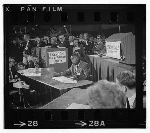 Aaron Henry, chair of the Mississippi Freedom Democratic Party delegation, speaks at the Democratic National Convention in 1964. Library of Congress/Warren K. Leffler