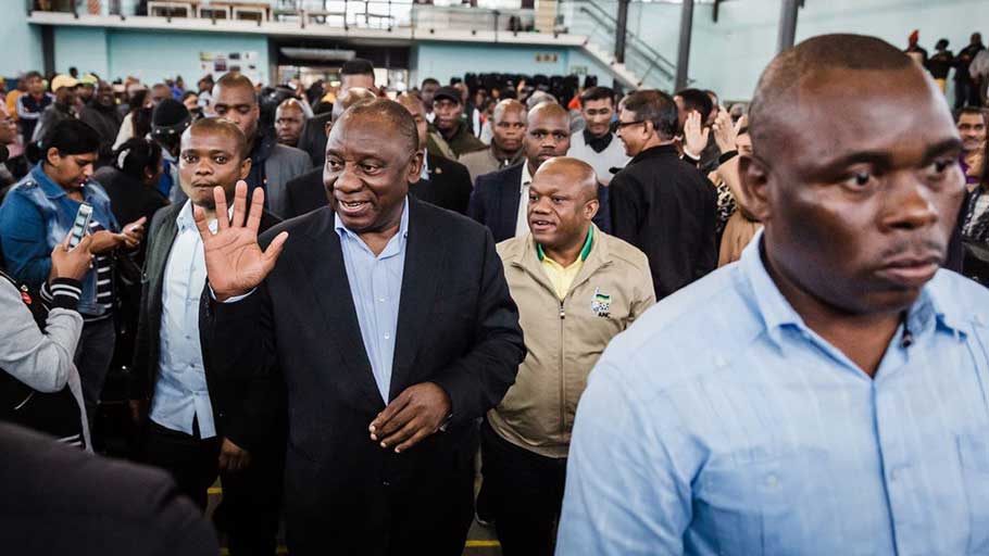 President Cyril Ramaphosa of South Africa, center, waving to supporters at an A.N.C. event near Durban this month.