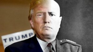 President Donald Trump blends all too nicely with Italy's fascist dictator Benito Mussiloni.