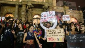 At "Against Facism" march, protesters shout slogans against far-right lawmaker Social Liberal Party (PSL) presidential candidate Jair Bolsonaro in Sao Paulo.