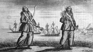 Engraving of the women pirates Ann Bonny and Mary Read by Benjamin Cole, circa 1724